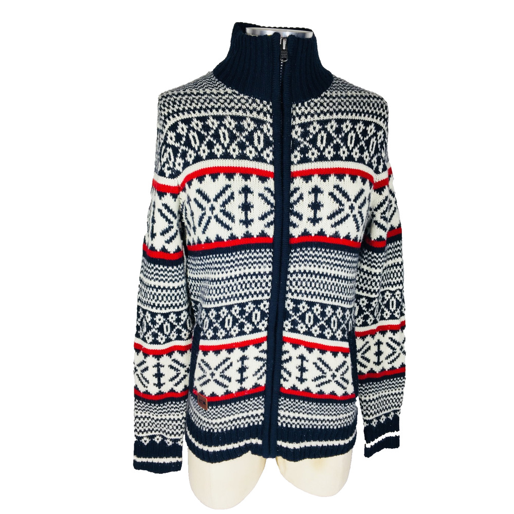 (L) Angelo Litrico Mens Vintage Wool Acrylic Zippered Cardigan Navy Red White